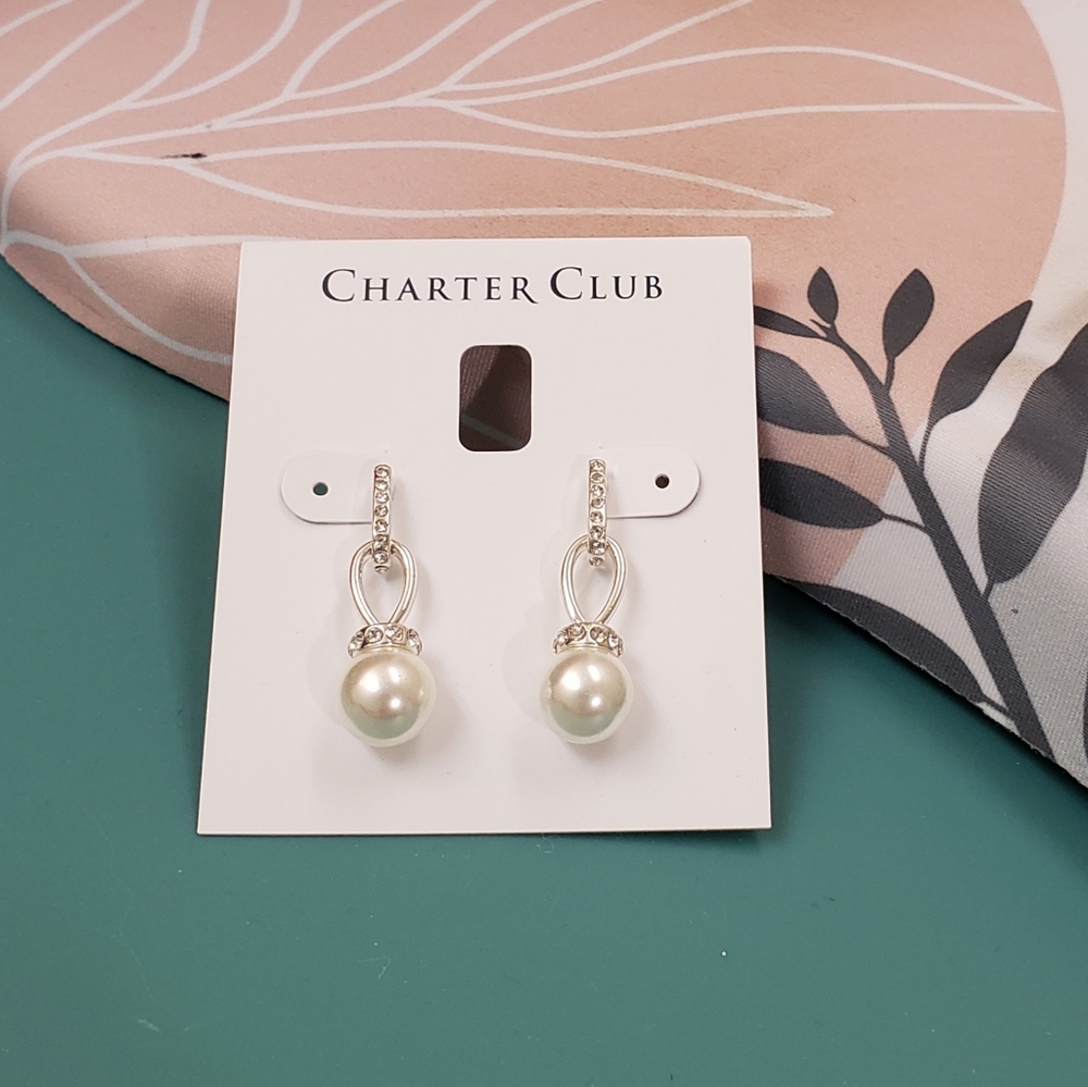 Charter Club, NWT, Silver tone pearl drop dangle jeweled pierced earrings - Picture 2 of 10